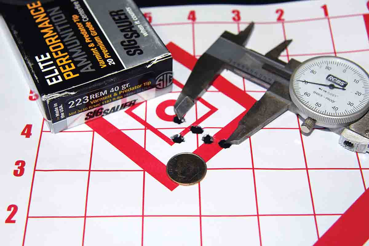 SIG SAUER’s 40-grain Predator & Varmint Tip factory ammunition produced a .97-inch, five-shot group at 100 yards from the Howa XL Lite Chassis, with velocities of 3,457 fps from the 20-inch barrel.